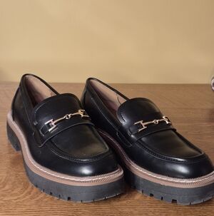 Black Faux Leather Women's Lug Sole Loafers with Gold Hardware